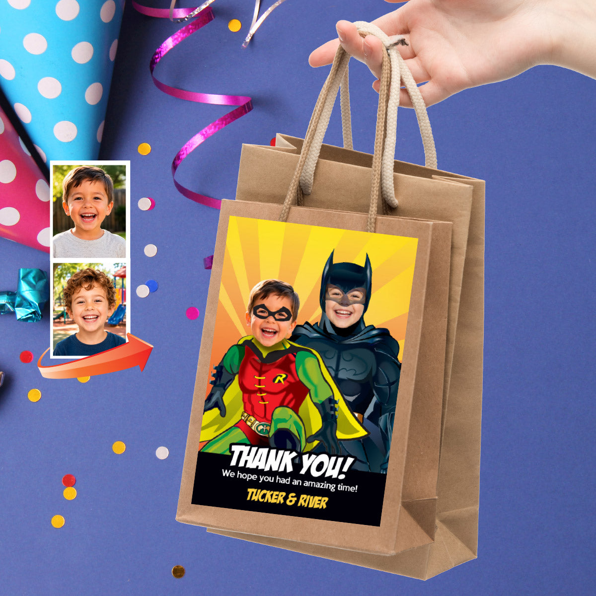Personalized Batman and Robin Birthday Thank You Tags with Kids as the Dynamic Duo. 296TY