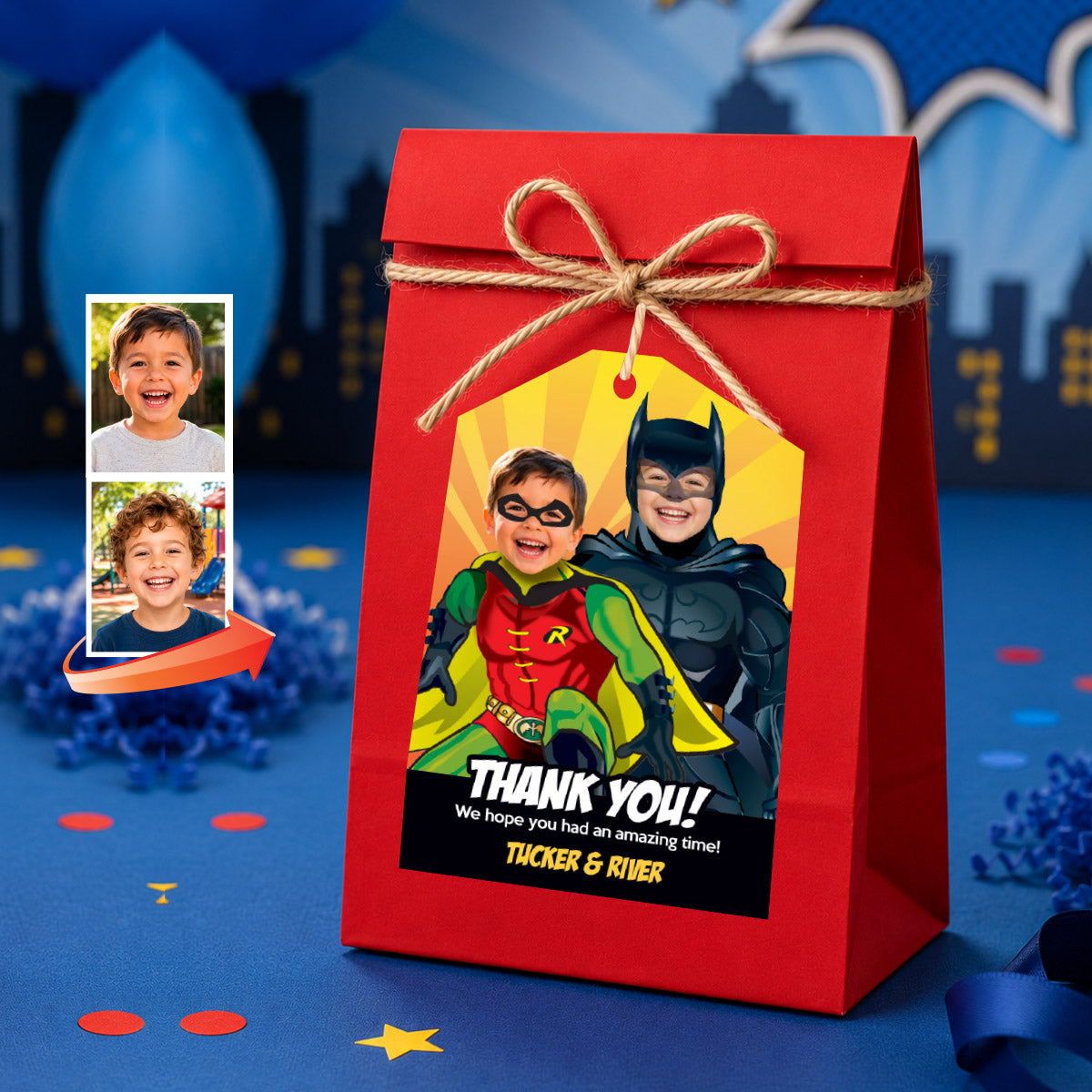 Personalized Batman and Robin Birthday Thank You Tags with Kids as the Dynamic Duo. 296TY