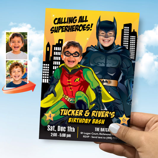 Batman and Robin Siblings Birthday Invitation with children as the Dynamic Duo. 296