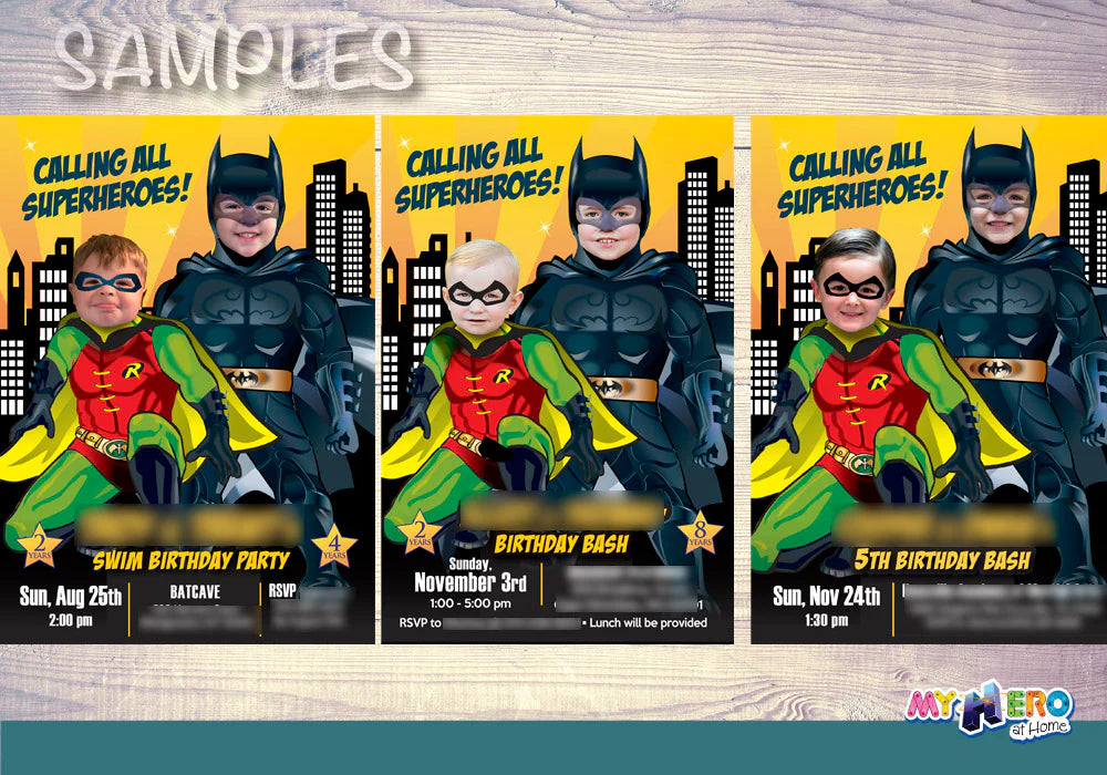 Joint Batman and Robin Pool Splash Birthday Party Invitation with Kids as the stars. 2488