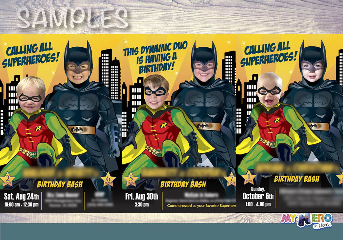 Joint Batman and Robin Pool Splash Birthday Party Invitation with Kids as the stars. 2488