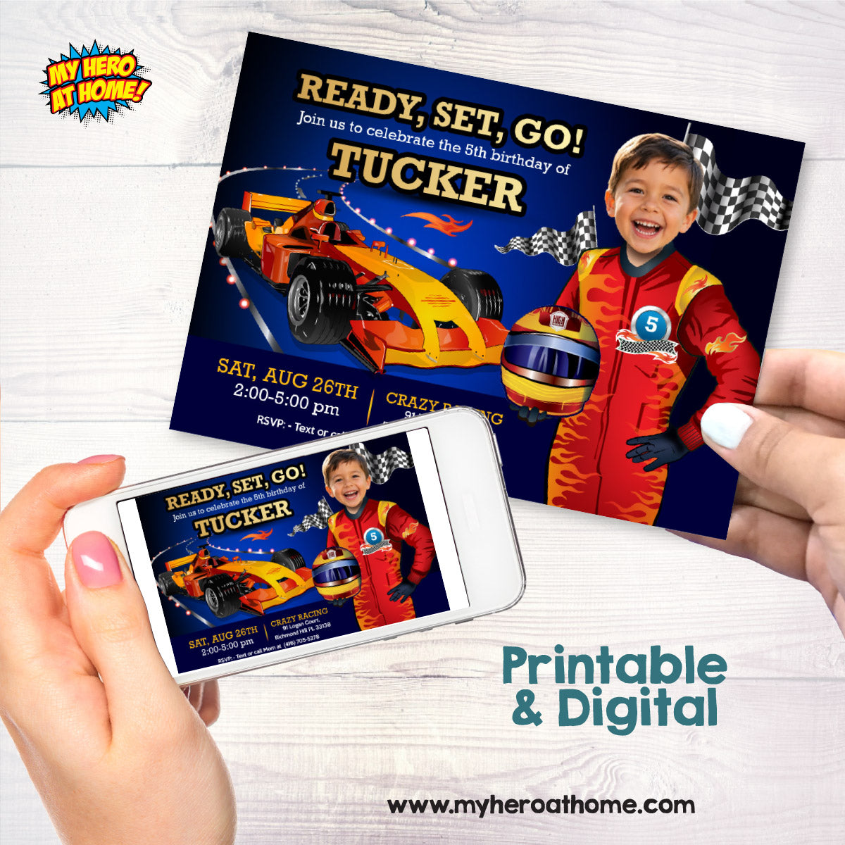 Custom Race Car Hot Wheels Birthday Party Template with Child as the Racer Star. 317IN