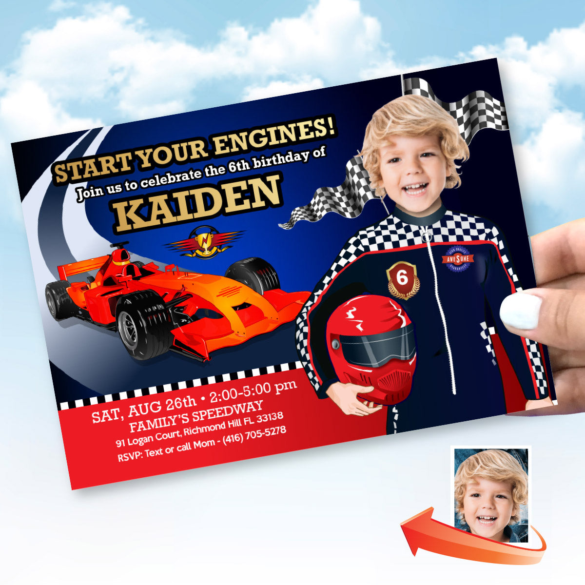 Racing Car Driver Birthday Party Invite with Child as the Racer Star. 318