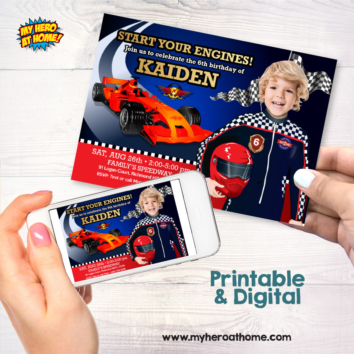 Racing Car Driver Birthday Party Invite with Child as the Racer Star. 318