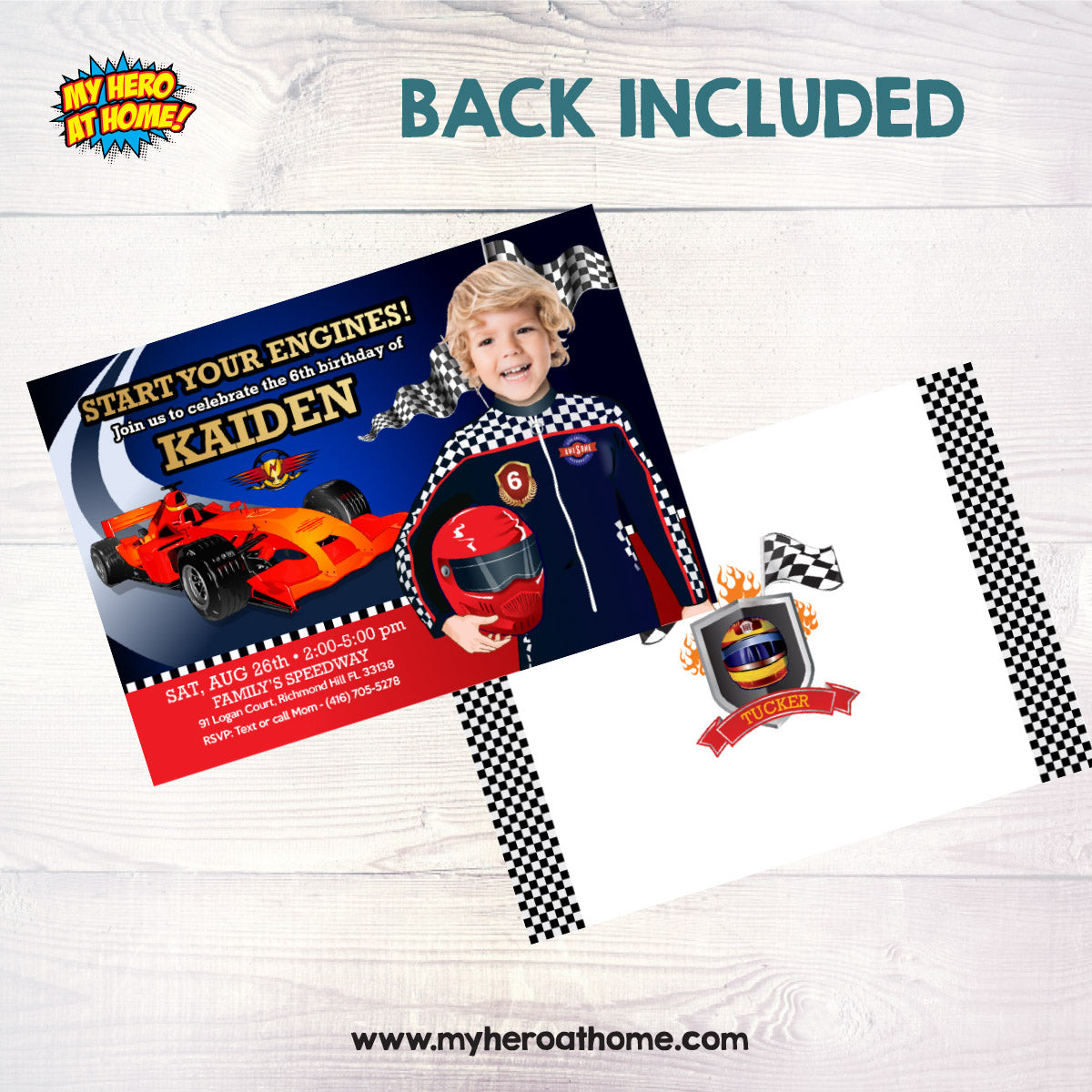 Racing Car Driver Birthday Party Invite with Child as the Racer Star. 318