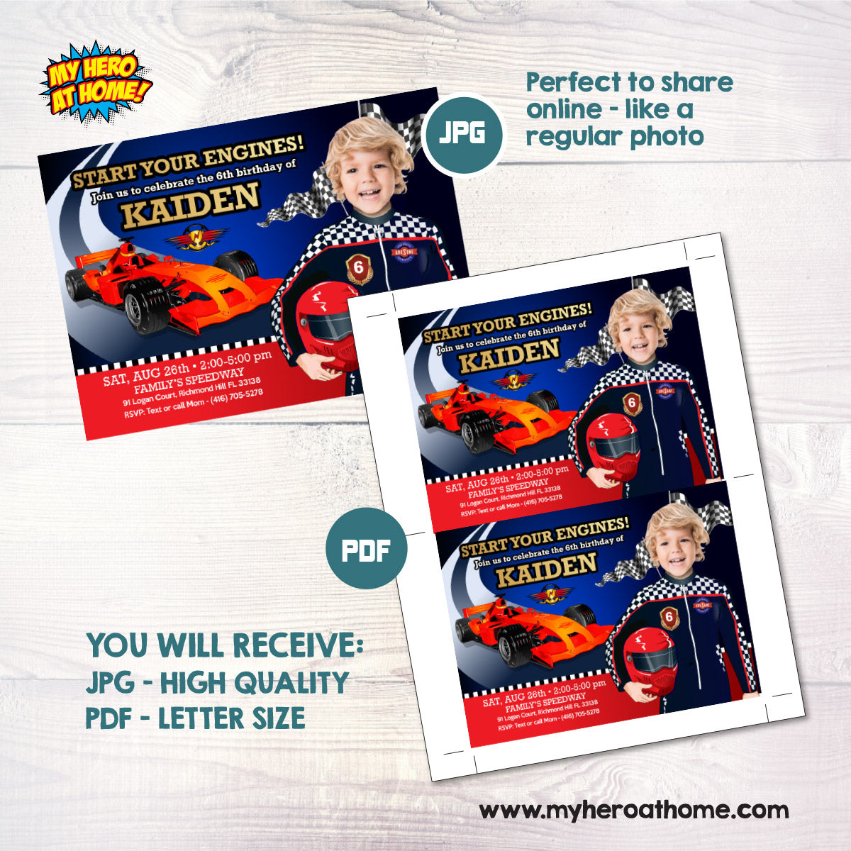 Racing Car Driver Birthday Party Invite with Child as the Racer Star. 318