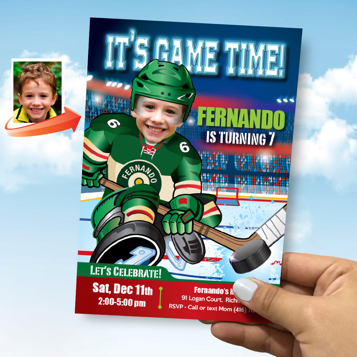 Custom Minnesota Wild Birthday Invitation with photo, Hockey Minnesota Party template. 319IN