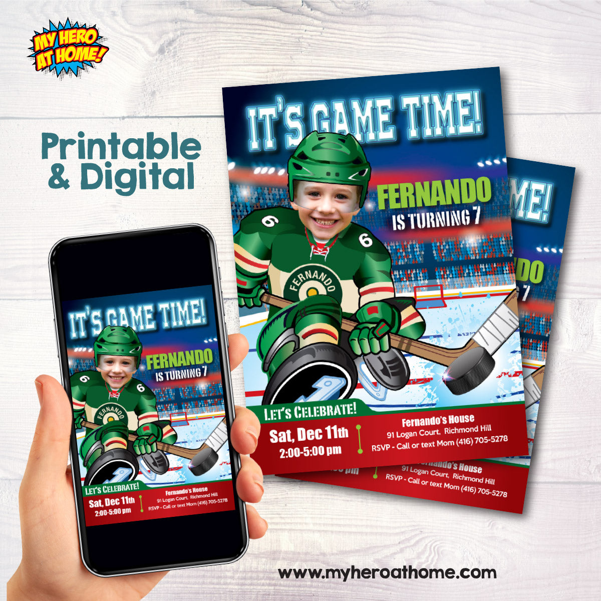 Custom Minnesota Wild Birthday Invitation with photo, Hockey Minnesota Party template. 319IN