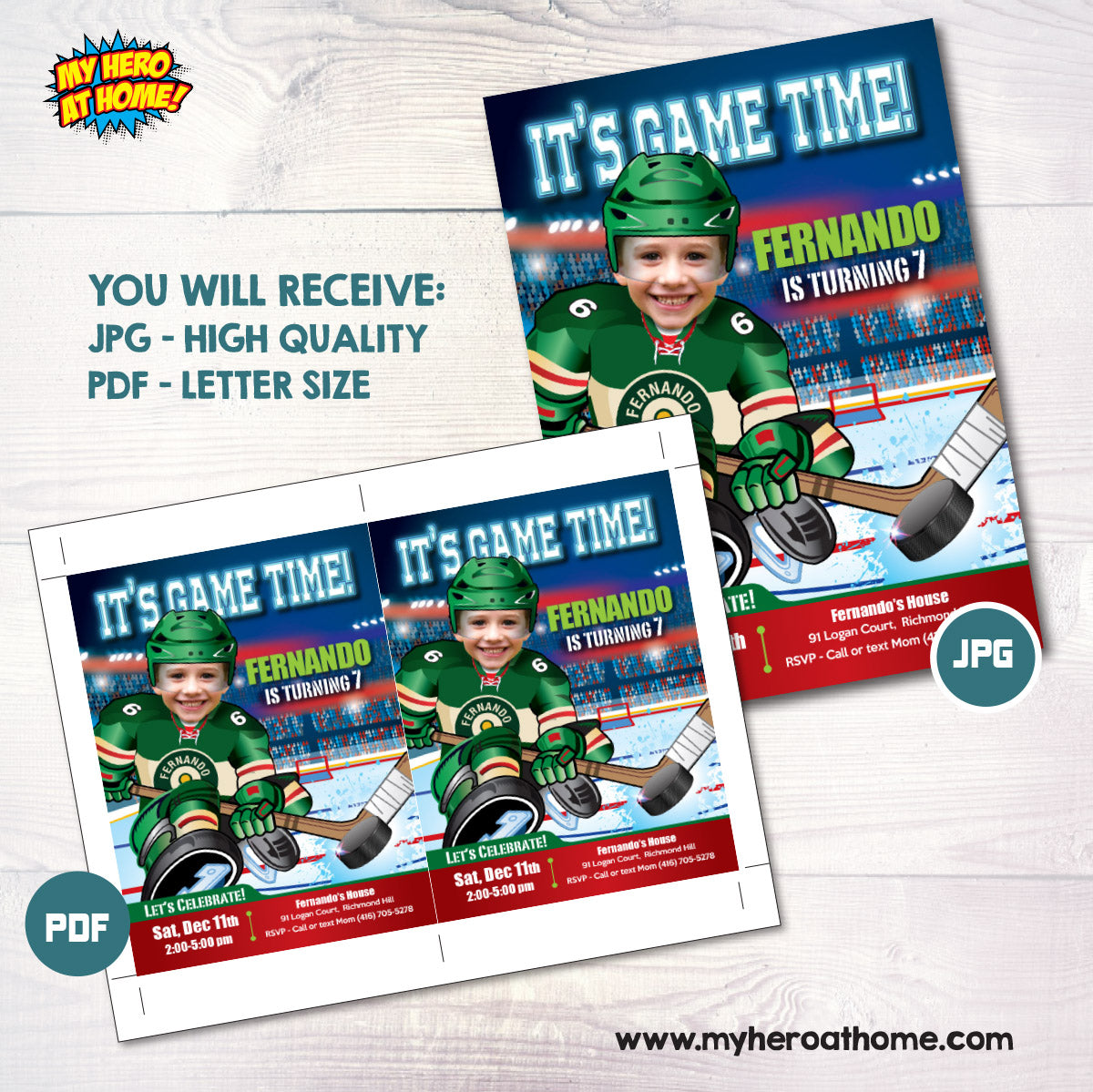 Custom Minnesota Wild Birthday Invitation with photo, Hockey Minnesota Party template. 319IN