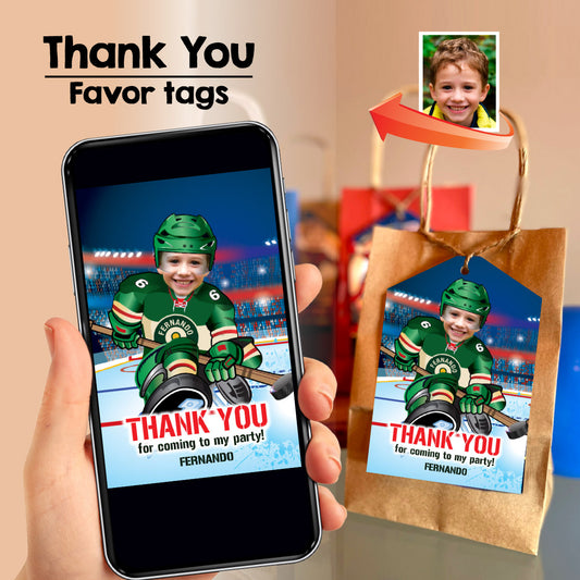 Personalized Minnesota Wild Hockey Birthday Thank You and Favor tags with photo. 319TY