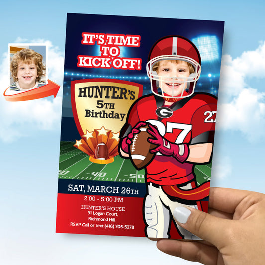 Georgia Bulldogs quarterback party invitation with photo, Georgia Bulldogs kids theme birthday Party. 322IN