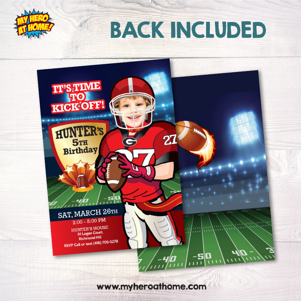 Georgia Bulldogs quarterback party invitation with photo, Georgia Bulldogs kids theme birthday Party. 322IN