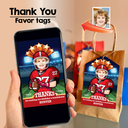 Georgia Bulldogs thank you card with kid as player, Bulldogs favor tags with photo. 322TY