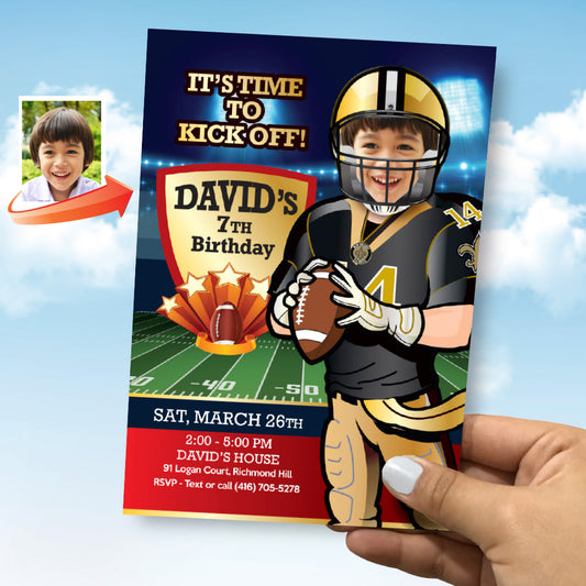 New Orleans Saints birthday party Invitation with your child as his favorite player,  New Orleans Saints kids theme party. 323IN
