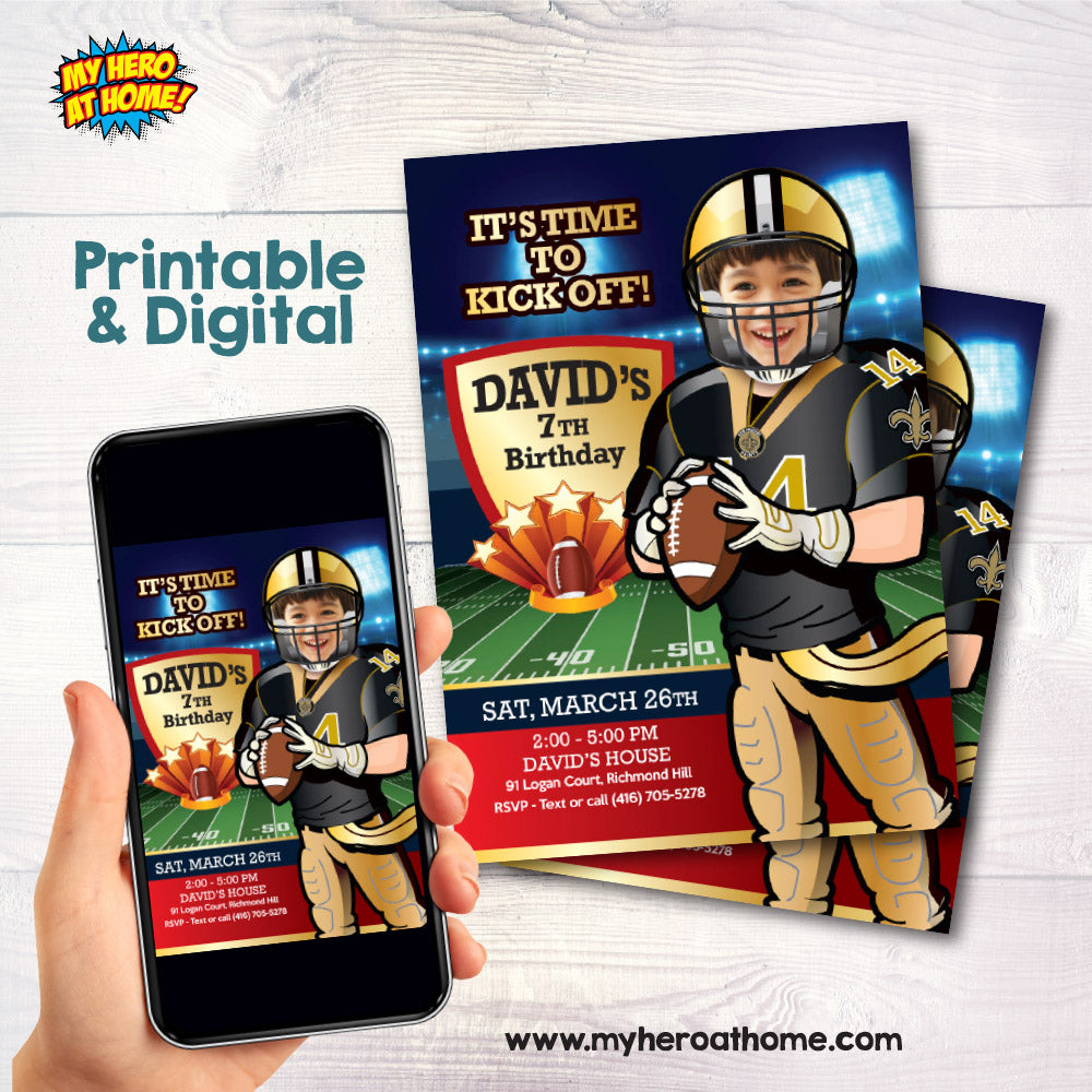 New Orleans Saints birthday party Invitation with your child as his favorite player,  New Orleans Saints kids theme party. 323IN