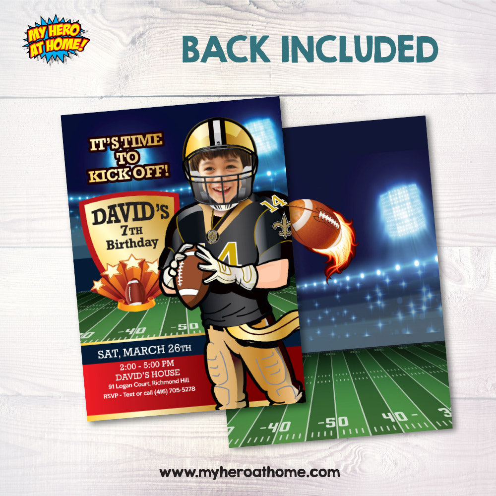 New Orleans Saints birthday party Invitation with your child as his favorite player,  New Orleans Saints kids theme party. 323IN