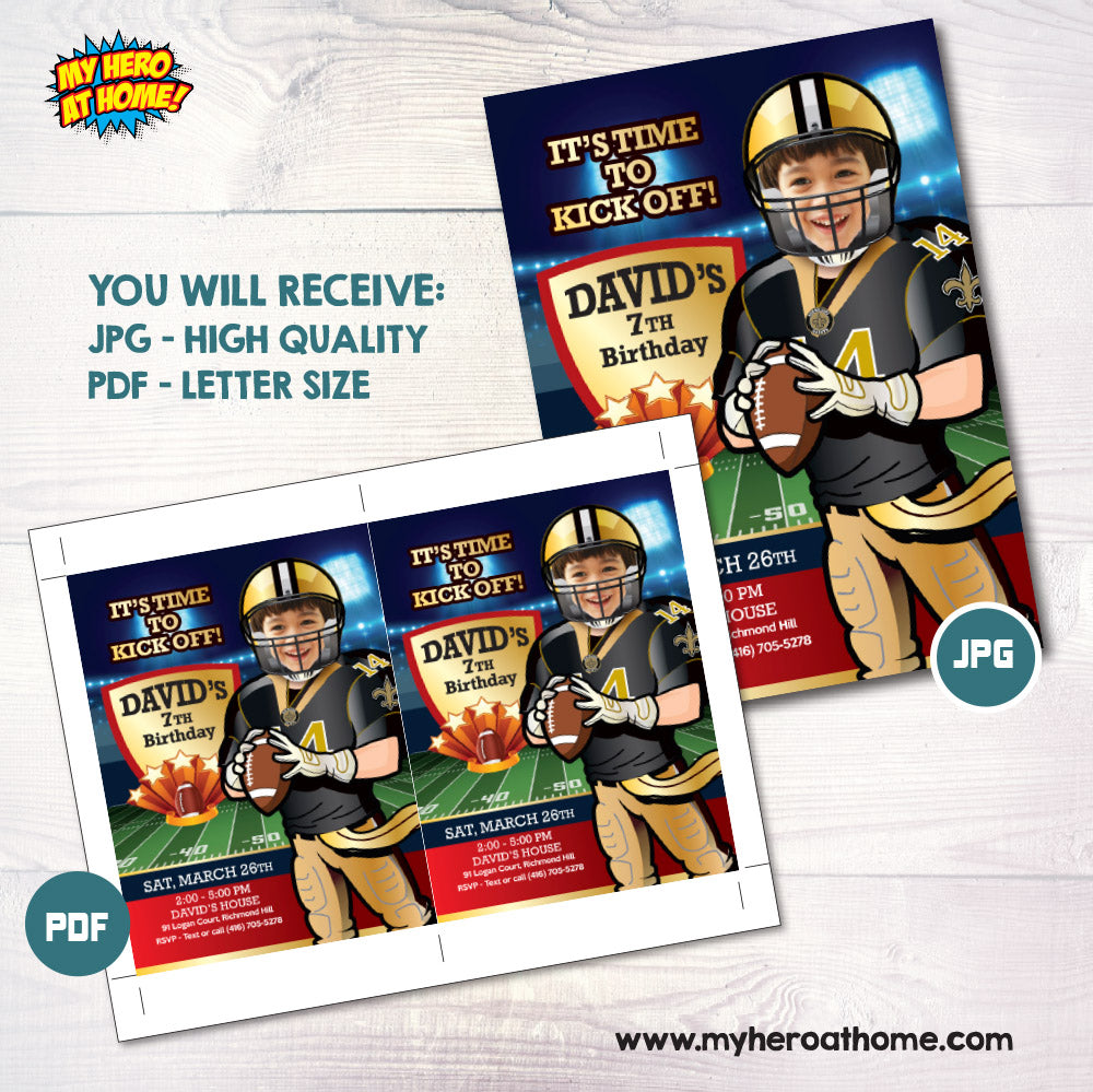 New Orleans Saints birthday party Invitation with your child as his favorite player,  New Orleans Saints kids theme party. 323IN