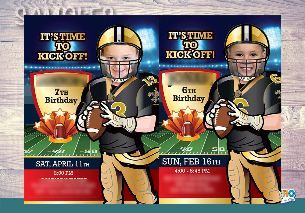 New Orleans Saints birthday party Invitation with your child as his favorite player,  New Orleans Saints kids theme party. 323IN