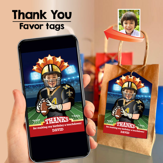 New Orleans Saints thank you card with kid as player, Saints favor tags with photo. 323TY