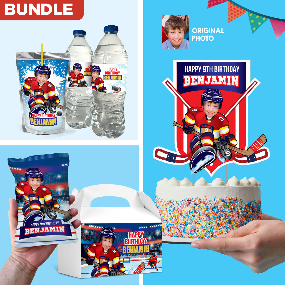 Hockey Party table Bundle with kid as favorite FL Panthers player: Cake, snacks, favors. 377B1
