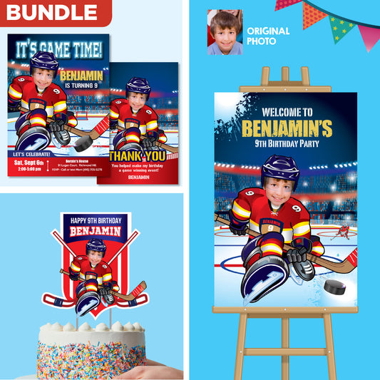 Hockey Panthers Birthday matching items Set with kid as player: Invitation, cake, Welcome. 377B2