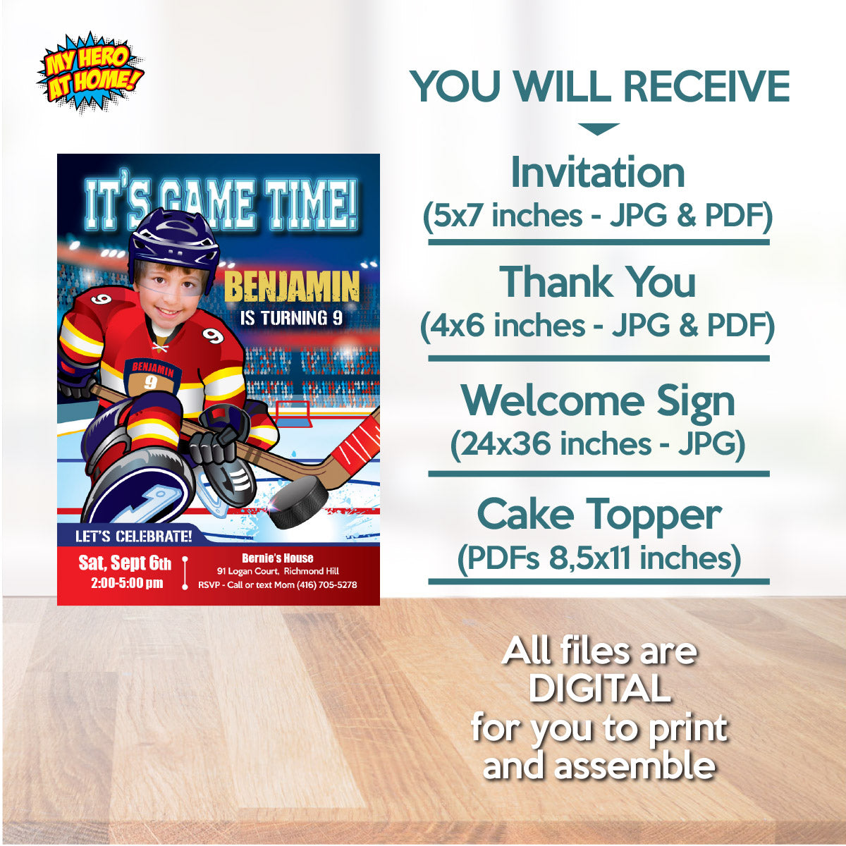 Hockey Panthers Birthday matching items Set with kid as player: Invitation, cake, Welcome. 377B2