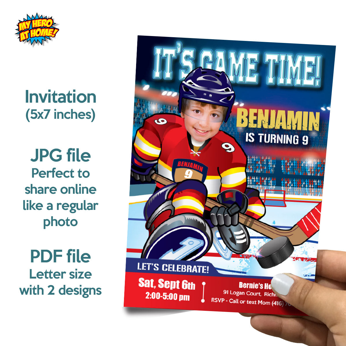 Hockey Panthers Birthday matching items Set with kid as player: Invitation, cake, Welcome. 377B2