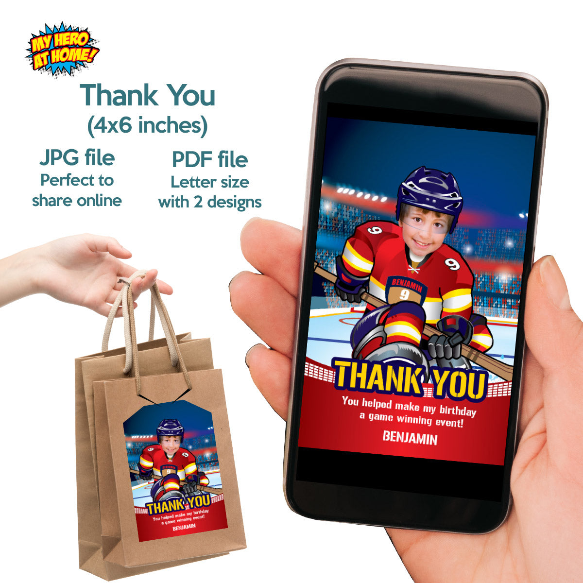 Hockey Panthers Birthday matching items Set with kid as player: Invitation, cake, Welcome. 377B2