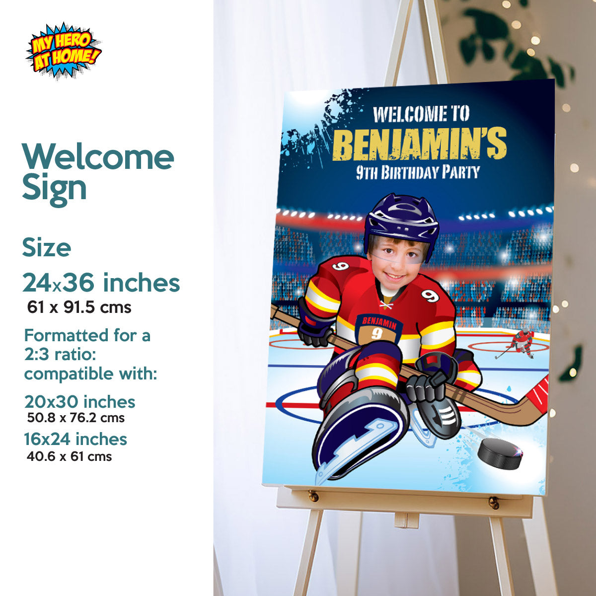 Hockey Panthers Birthday matching items Set with kid as player: Invitation, cake, Welcome. 377B2