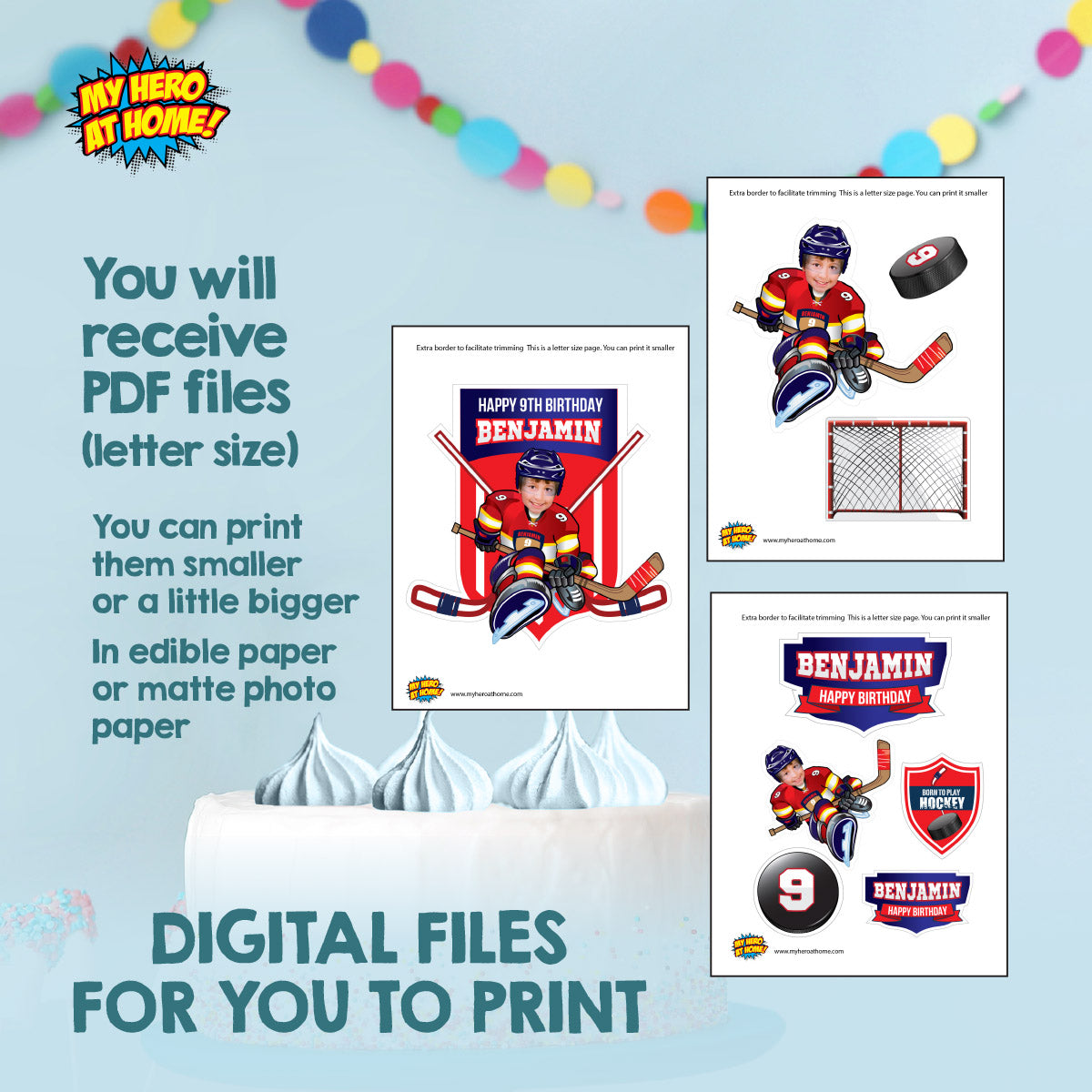 Hockey Panthers Birthday matching items Set with kid as player: Invitation, cake, Welcome. 377B2