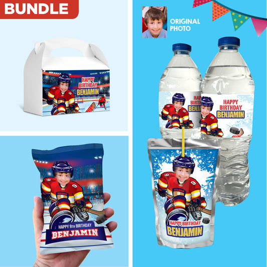 Bundle FL Panthers snacks labels with kid as Hockey player: drinks, Chips, gift boxes. 377B3