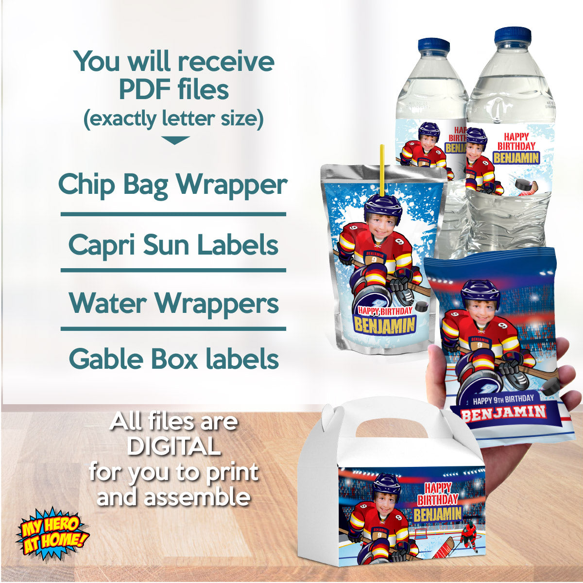 Bundle FL Panthers snacks labels with kid as Hockey player: drinks, Chips, gift boxes. 377B3