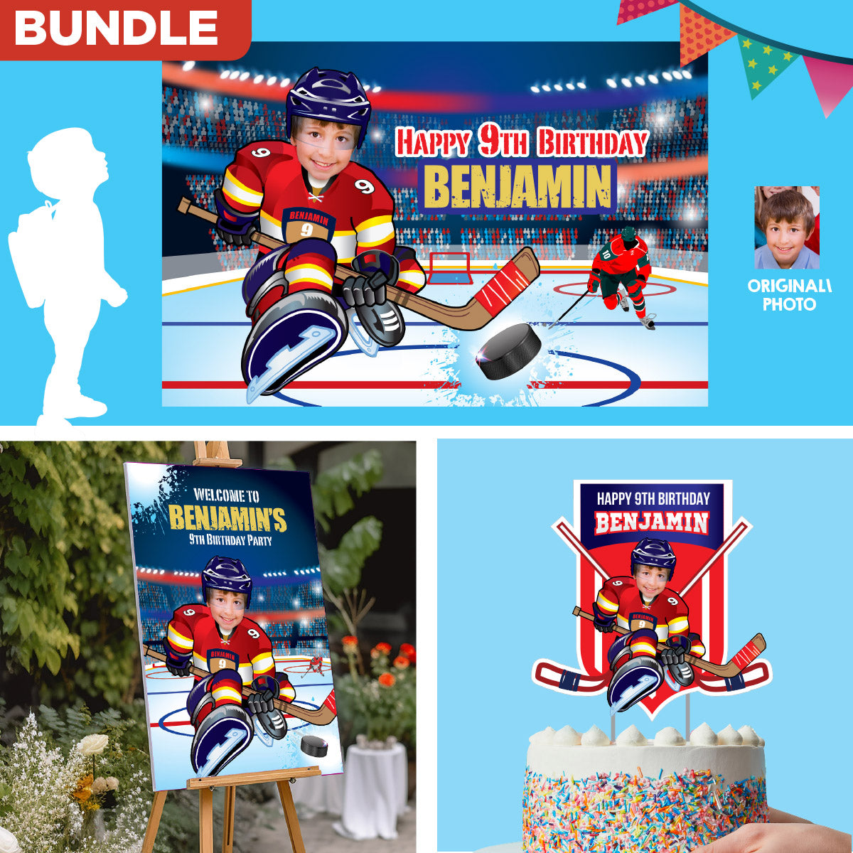 FL Panthers Party decoration Bundle with kid as player: Banner, Backdrop, Cake Topper, Welcome. 377B4