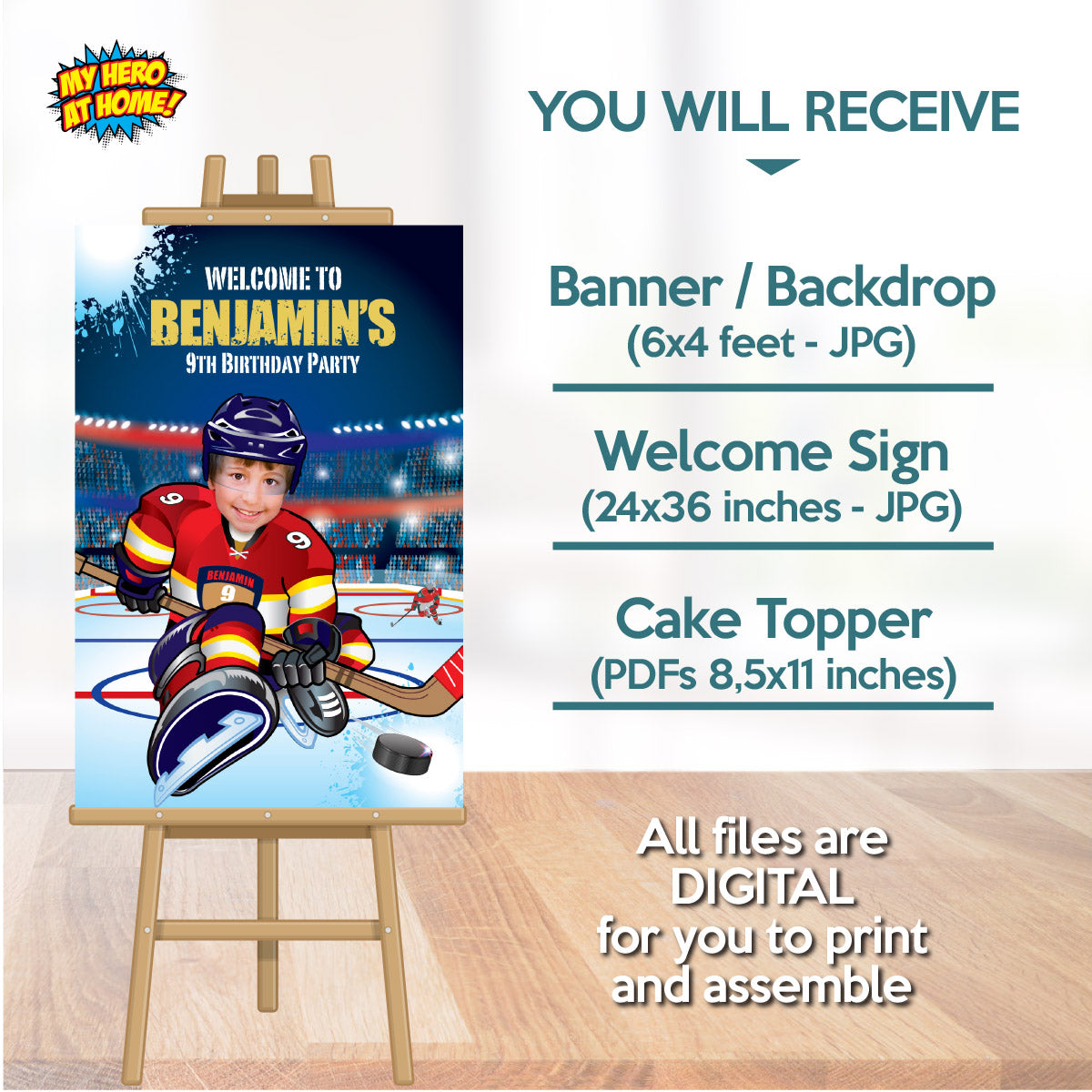 FL Panthers Party decoration Bundle with kid as player: Banner, Backdrop, Cake Topper, Welcome. 377B4