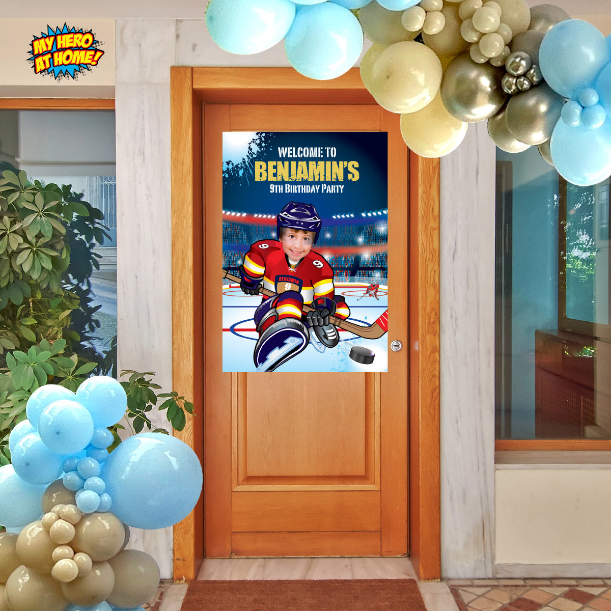 FL Panthers Party decoration Bundle with kid as player: Banner, Backdrop, Cake Topper, Welcome. 377B4