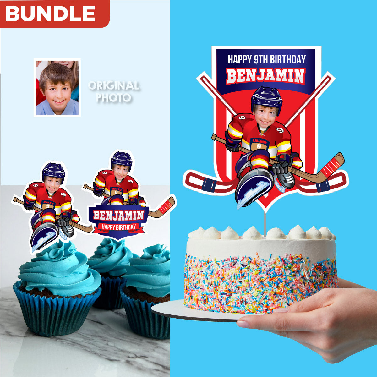 FL Panthers Matching cake and cupcake toppers Bundle with kid as player. 377B5