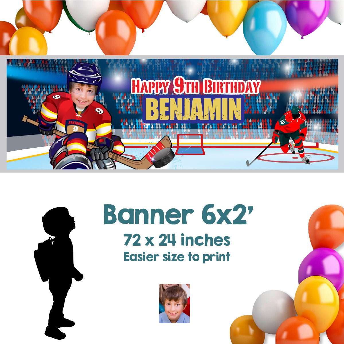 Hockey Panthers banner with birthday kid as player (Landscape sign, Horizontal 6x2’). 377BBH