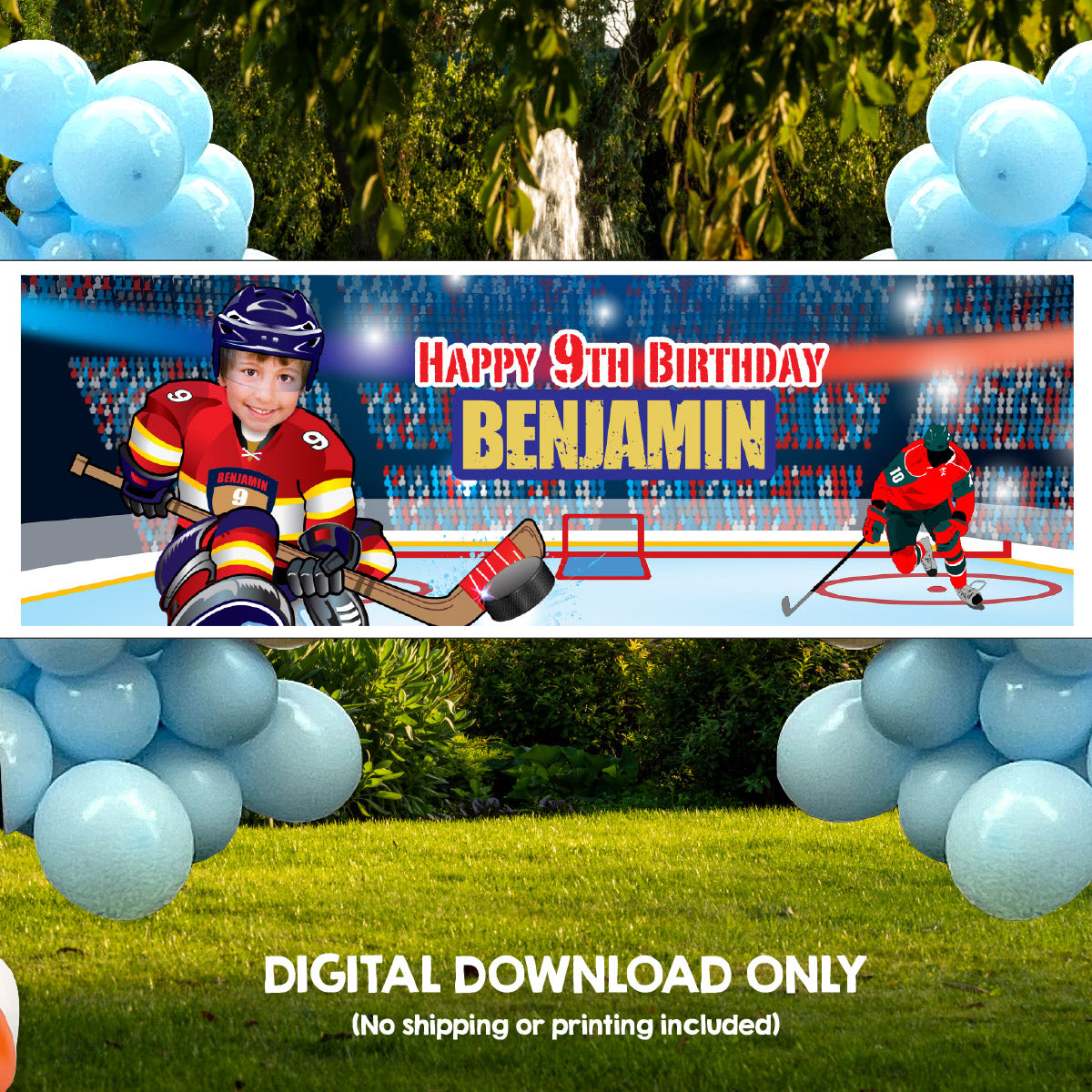 Hockey Panthers banner with birthday kid as player (Landscape sign, Horizontal 6x2’). 377BBH