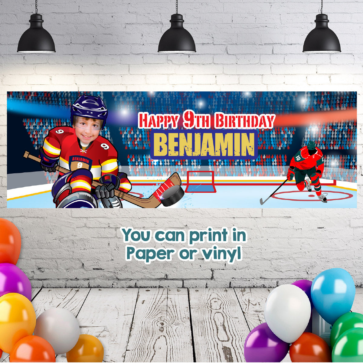 Hockey Panthers banner with birthday kid as player (Landscape sign, Horizontal 6x2’). 377BBH