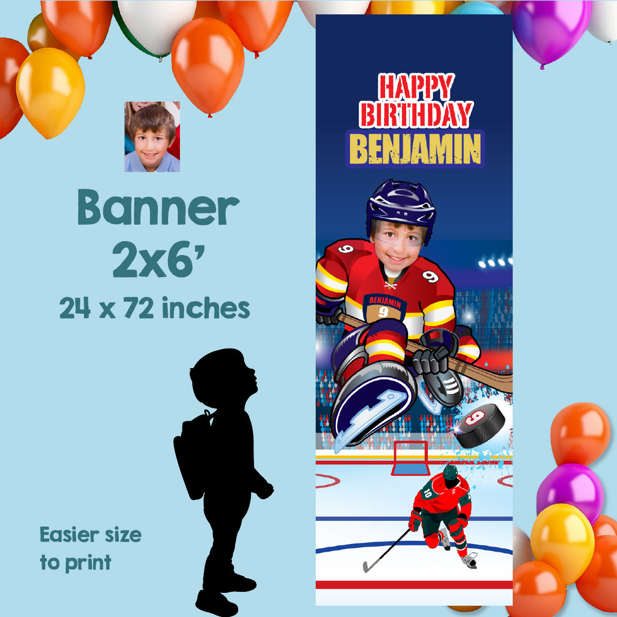 Portrait Hockey Panthers banner with birthday kid as player (Vertical 2x6’). 377BBV