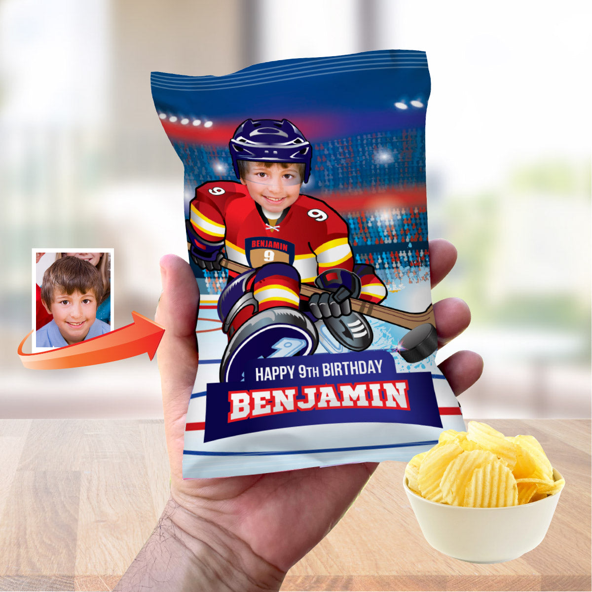 Florida Panthers Chips Bags wrappers with birthday kid as player, Panthers snacks labels. 377CB