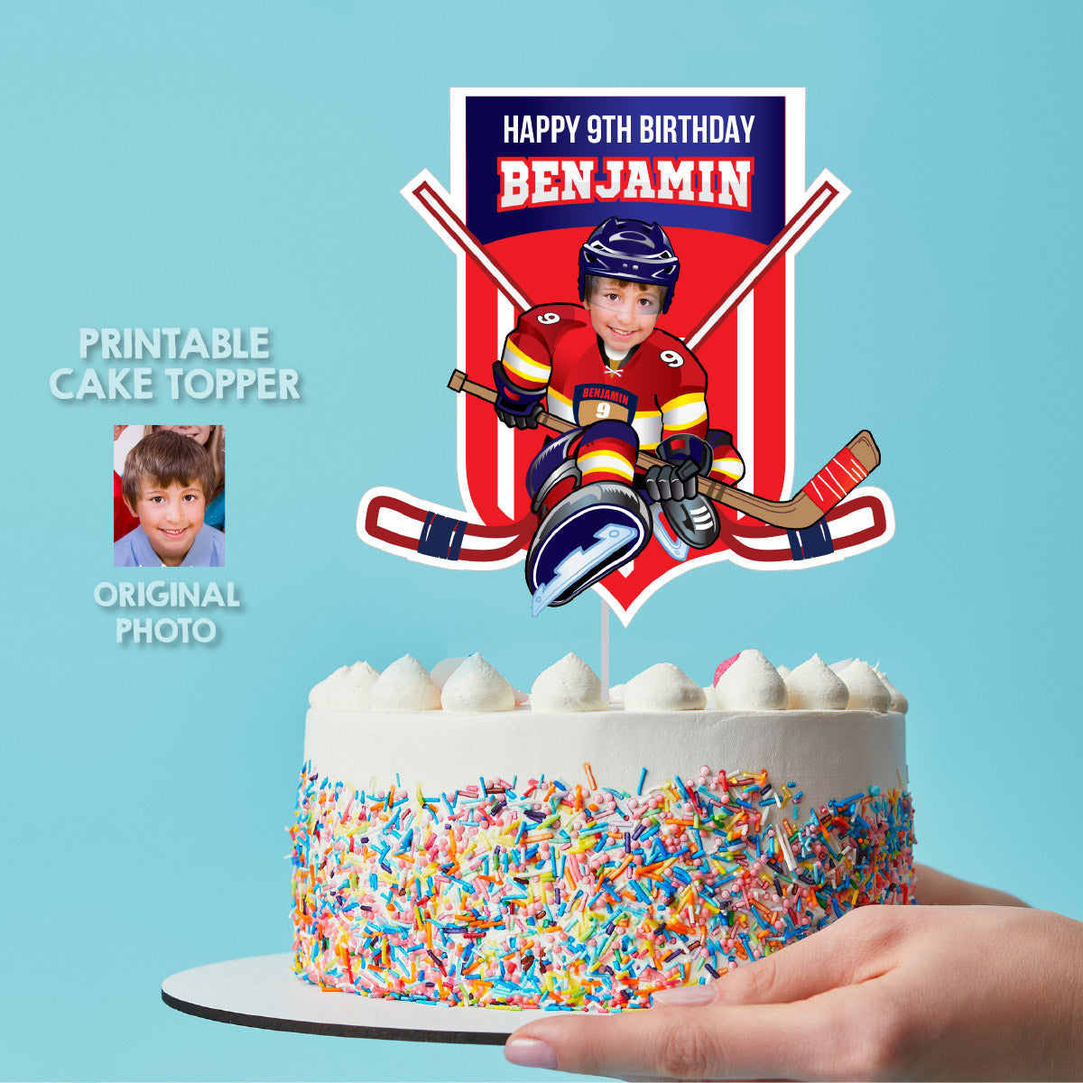 Hockey Party table Bundle with kid as favorite FL Panthers player: Cake, snacks, favors. 377B1