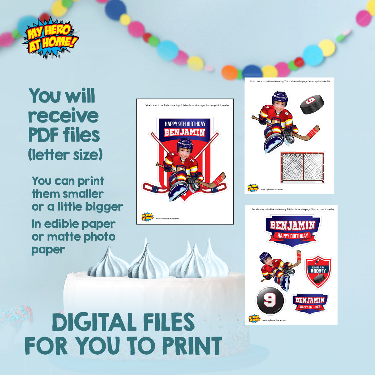Hockey Party table Bundle with kid as favorite FL Panthers player: Cake, snacks, favors. 377B1