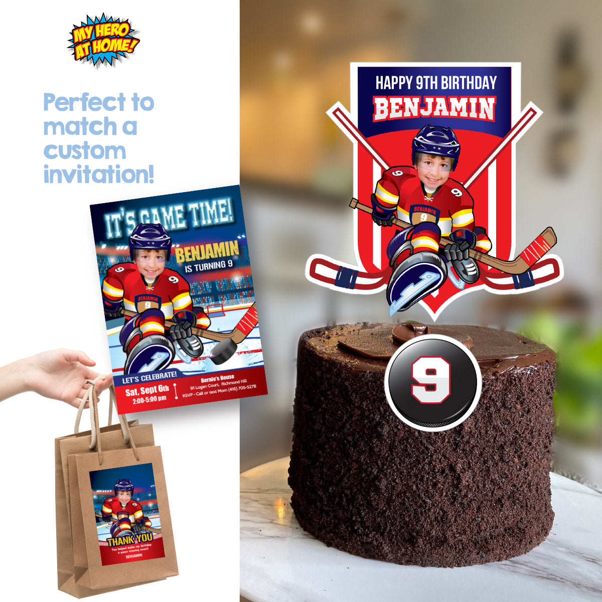 Personalized Hockey FL Panthers cake topper with kid as his favorite player. 377CT