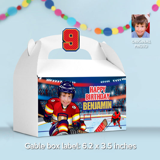 Hockey Panthers Party Gift Box label with kid as player, Panthers favors labels. 377GB