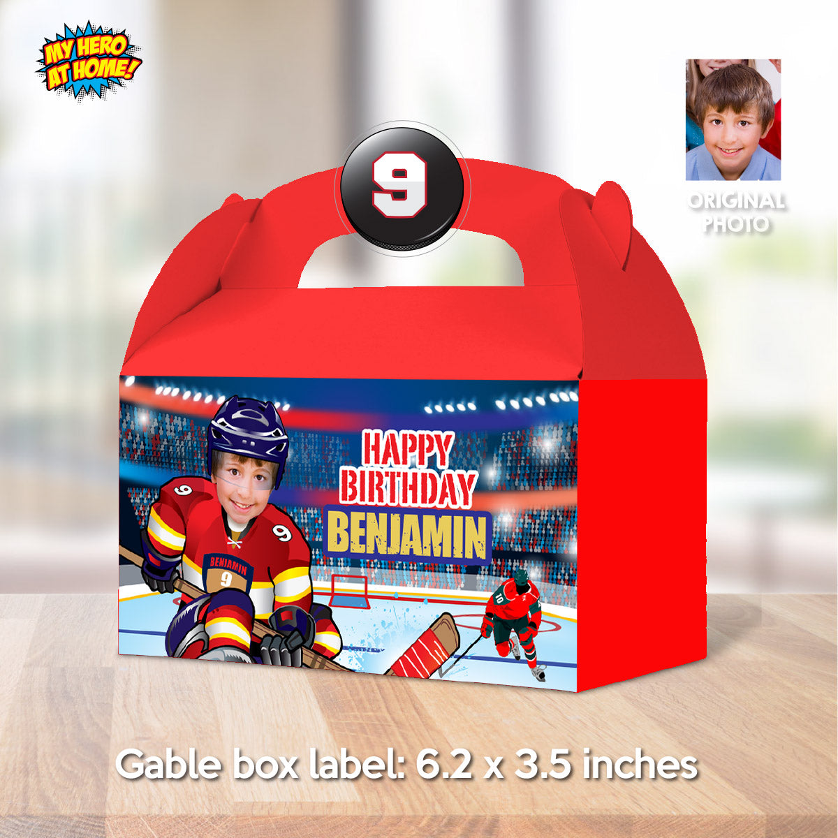 Hockey Panthers Party Gift Box label with kid as player, Panthers favors labels. 377GB