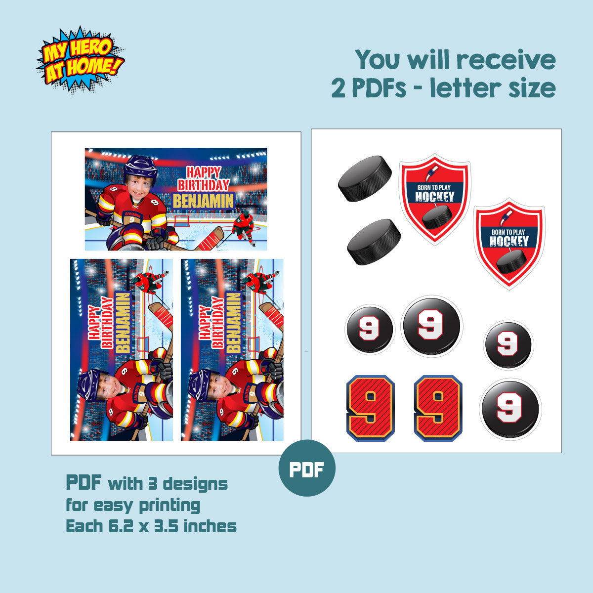 Hockey Party table Bundle with kid as favorite FL Panthers player: Cake, snacks, favors. 377B1