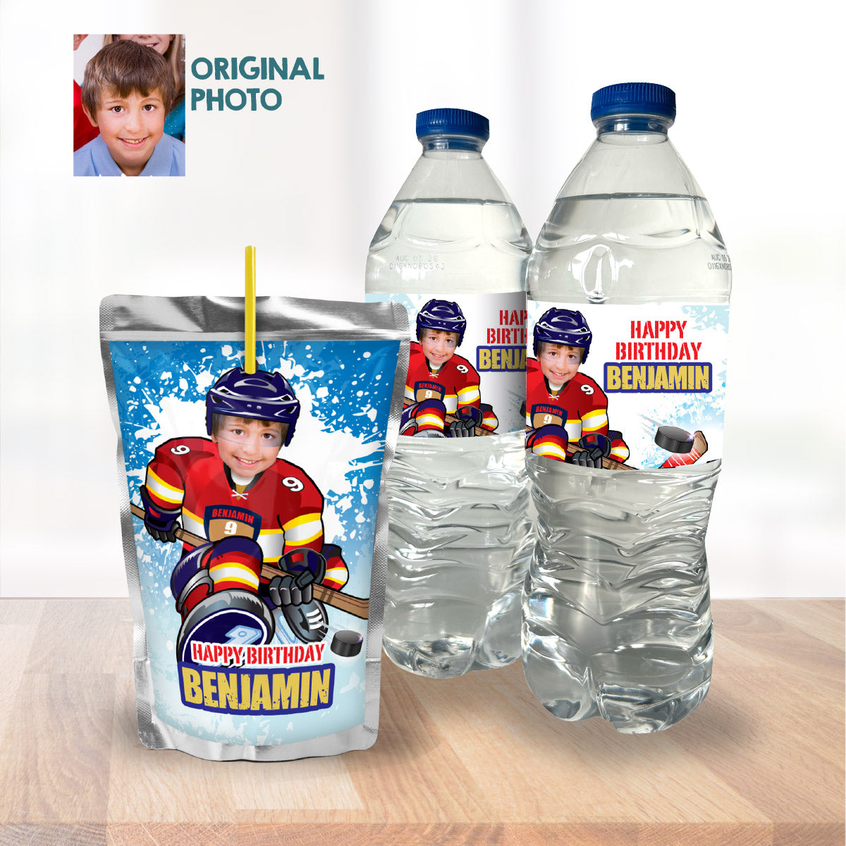 Hockey Party table Bundle with kid as favorite FL Panthers player: Cake, snacks, favors. 377B1