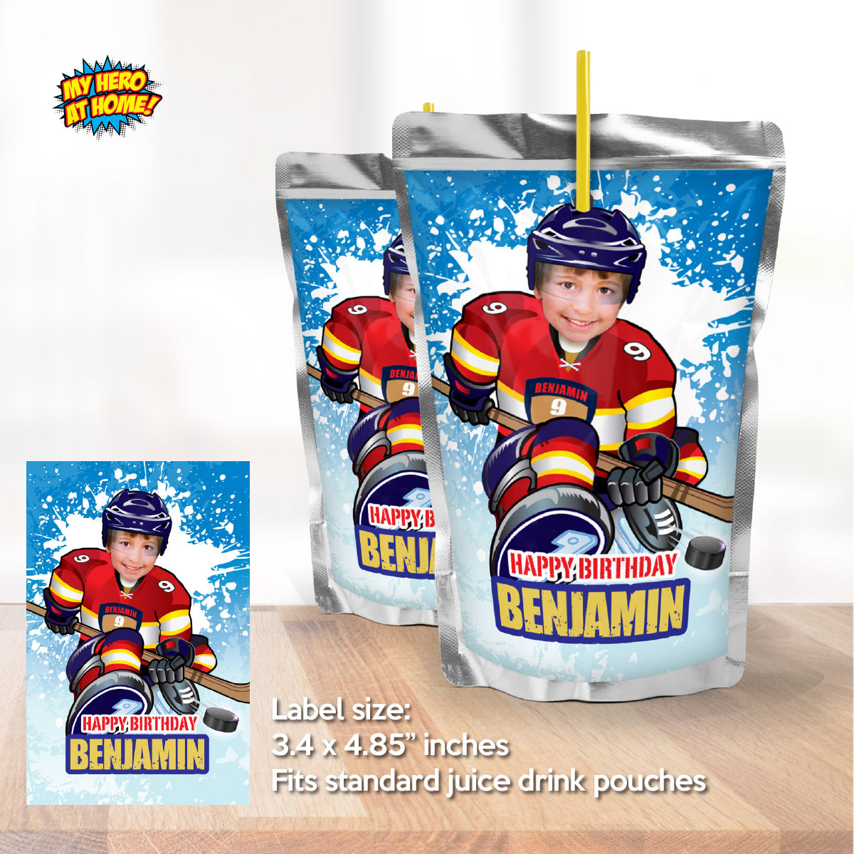 Personalized Panthers water labels and juices pouches labels, Hockey drinks wrappers with photo. 377WJ