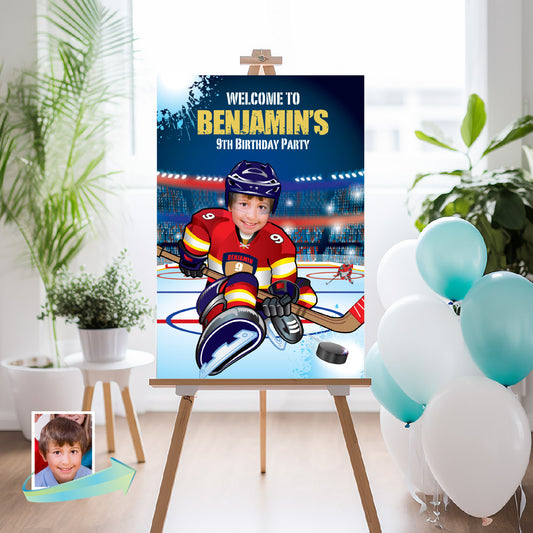 Hockey Panthers Welcome sign with Birthday kid as the player, Panthers Party Entrance. 377WS